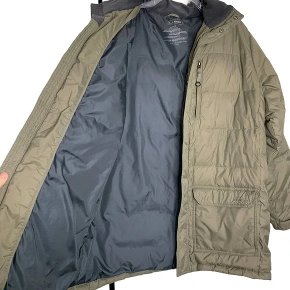 L.L. Bean Goose Down Brown Beige Hooded Puffer Jacket Winter Coat Large - Picture 6 of 9
